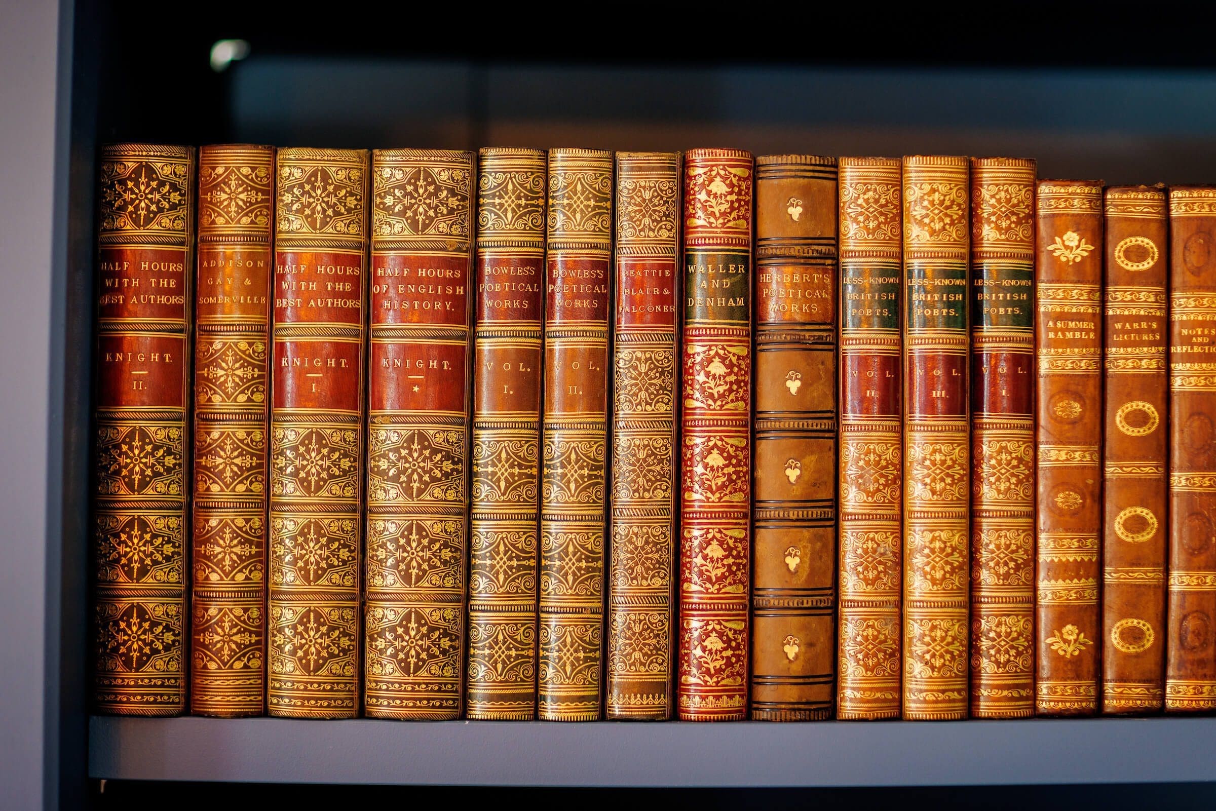 A bookshelf filled with books in the library of Rochtaine Mansion
